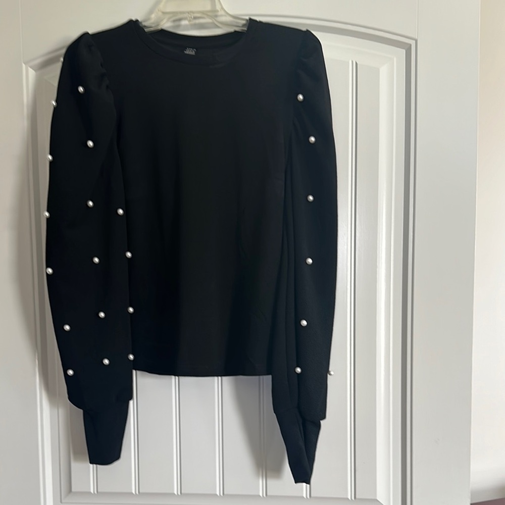 Black Crew Neck Embellished Long Sleeve Blouse